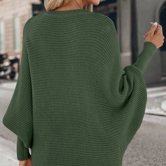 Casual Batwing Sleeve V Neck Sweater Green - Picture 2 of 5